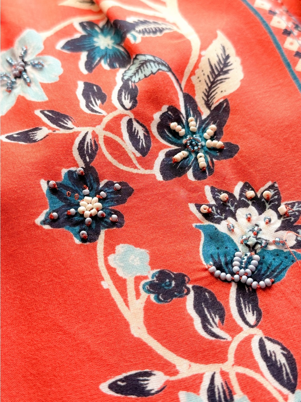 Chico’s Orange Floral Boho Beaded Blouse V-Neck Tassel Tie Front Long Sleeve XL - Picture 9 of 16
